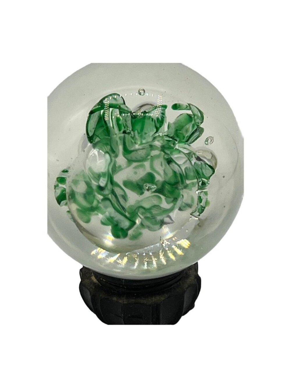 Vintage Clear Art Glass Paperweight Green Controlled Bubble Abstract Sphere - Picture 6 of 6